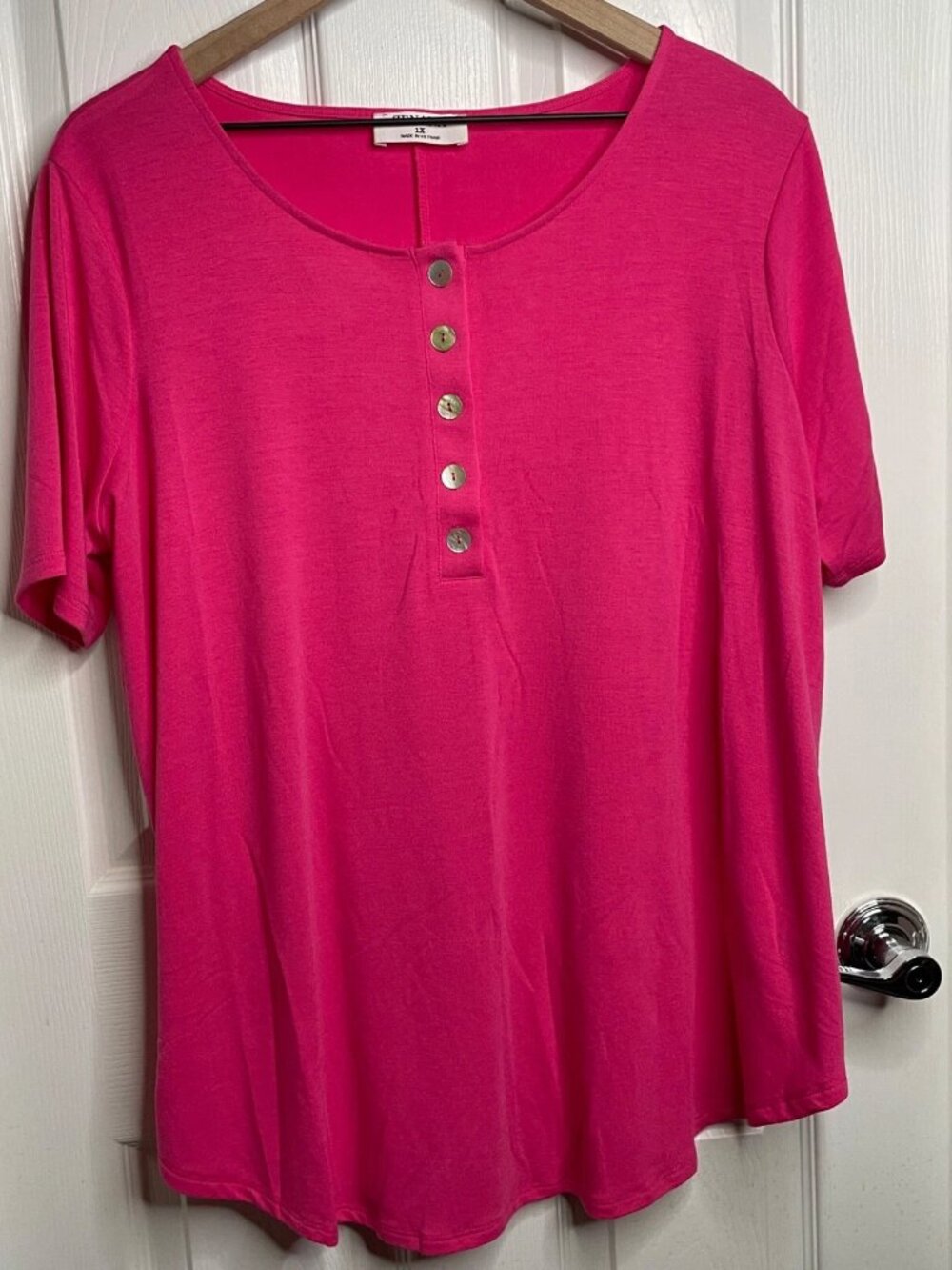 Zenana Hot Pink Plus Short Sleeve Shirt with Pearl like buttons